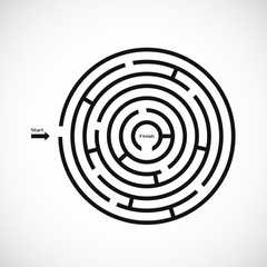 Abstract maze labyrinth icon. Circular labyrinth shape design element. Vector illustration isolated on white background