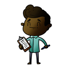 happy cartoon man with pen and clipboard
