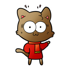 cartoon surprised cat wearing warm winter clothes