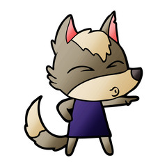 cartoon wolf girl whistling and pointing