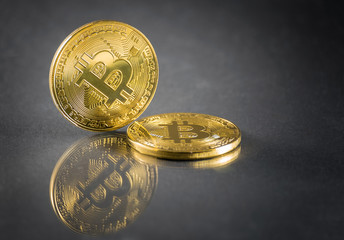 Cryptocurrency physical colored bitcoin coins. Two golden bitcoin with grey background.