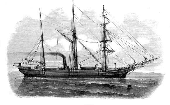 Vintage engraving of Austro-Hungarian three-masted schooner Tegetthoff  to the North Pole expedition