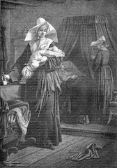 Vintage engraving about birth and death: a nun holding and feeding the newborn, another nun praying at the bed of the dead mother with the husband kneeling