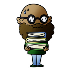 cartoon worried man with beard and stack of books
