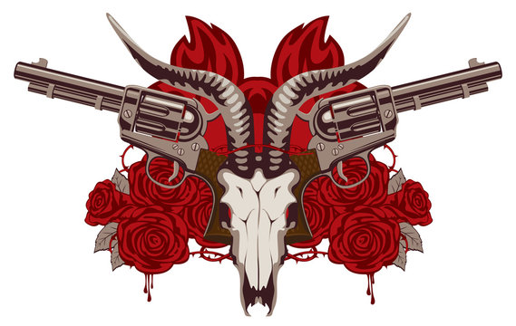 Vector emblem with skull of goat, red roses, big old revolvers and barbed wire isolated on white background