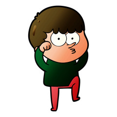 cartoon curious boy rubbing eyes in disbelief