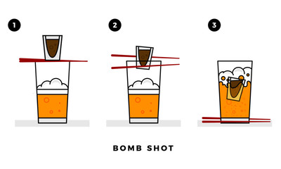 Sake Bomb Shot Process. Shot Glass falling in Beer Glass. Vector illustration of shot glass, chopsticks and beer glass.