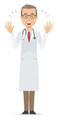 A middle-aged male doctor wearing a white coat is spreading her hands