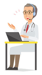 A middle-aged male doctor wearing a white suit calls with a headset