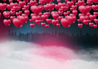 Shiny bubbly Valentines hearts with city misty background