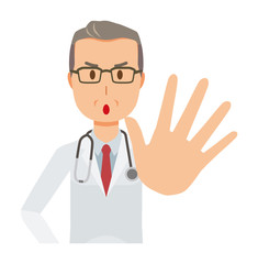 A middle-aged male doctor wearing a white coat is giving out one hand