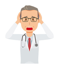 A middle-aged male doctor in a white suit is in a panic