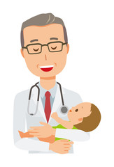Obraz premium Middle-aged male doctor in white coat hugging baby
