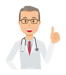 Fototapeta premium A middle-aged male doctor in a white suit is doing a good sign