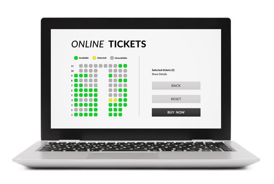 Online tickets concept on laptop computer screen. Isolated on white background. All screen content is designed by me. 