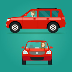Red car two angle set. Car with driver woman side view and front view. Vector flat illustration.