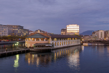 Naklejka premium GENEVA, SWITZERLAND –: Originally a municipal slaughterhouse opened in 1849, the halles de l’ile building was transformed in 1876 into a covered market and into a cultural center