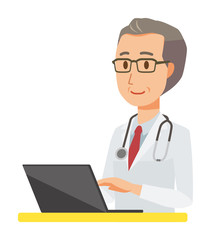 A middle-aged male doctor wearing a white suit is operating a laptop computer