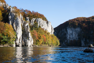 Weltenburg monastery and Donaudurchbruch at the Danube river in Bavaria, Germany surrounded by...