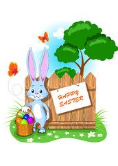 greeting card easter rabbit basket painted eggs fence signboard nature butterflies tree greens grass cartoon style clouds sky 
