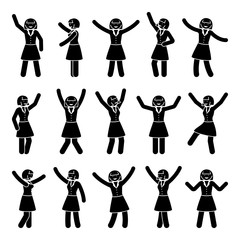 Stick figure happiness, freedom, motion woman set. Vector illustration of celebration poses black and white pictogram