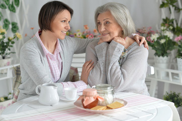Obraz na płótnie Canvas Senior woman with daughter drinking tea