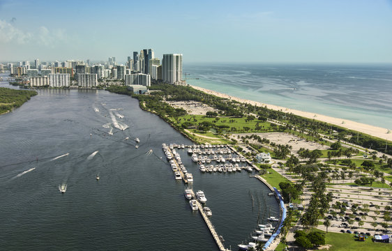 USA, Florida, Miami, Aerial view of city and sea