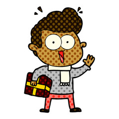 cartoon excited man with present