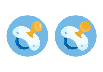 Baby pacifiers in blue circle on white background. Vector illustration.