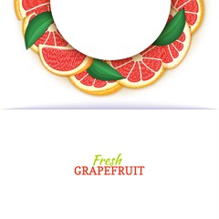 Semicircle white frame composed of delicious tropical red grapefruit. Vector card illustration. Pomelo citrus half-round frame for design of food packaging juice breakfast cosmetics tea detox diet.