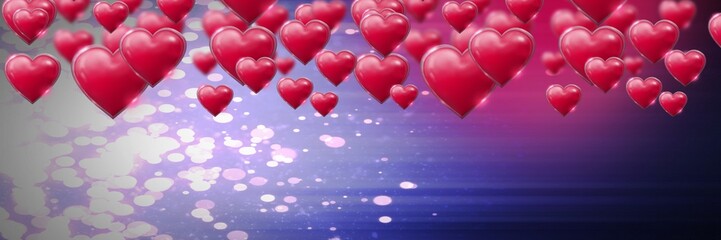 Fototapeta na wymiar Shiny bubbly Valentines hearts with purple sparkling background