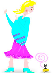 Mujer se asusta al ver un ratón que a su vez le ha robado una porción de queso.