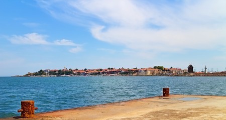 Naklejka premium View from the pier in the Black Sea to the Old Town of Nessebar.
