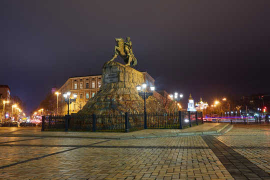 Evening summer scenery of Sofia Square with Bohdan Khmelnytsky statue monument