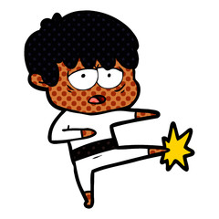 cartoon exhausted boy doing karate