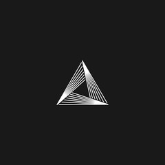 Triangle logo linear infinity geometric pyramid shape, black and white overlapping thin lines hipster monogram minimal style infinite icon