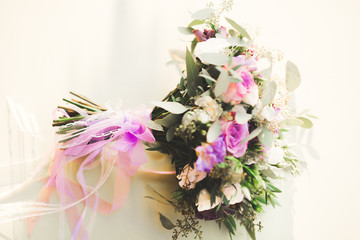 Obraz na płótnie Canvas Beautiful wedding bouquet with different flowers, roses
