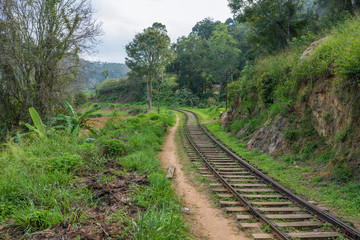 Fototapeta na wymiar Rail track from the Main Line, a major railway line in the rail network of the country, in the highlands of Sri Lanka. Cross-country it is leading from Colombo to Badulla. The photo is close to Ella