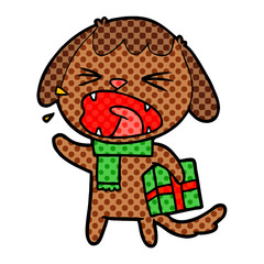 cute cartoon dog with christmas present