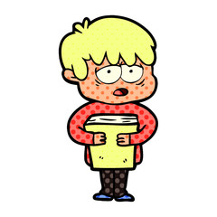 cartoon exhausted boy holding book