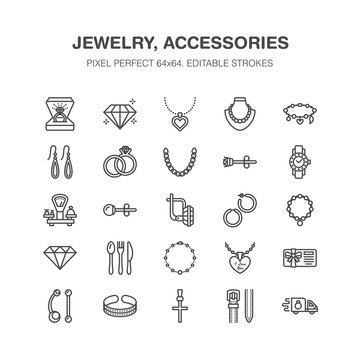 Jewelry flat line icons, jewellery store signs. Jewels accessories - gold engagement rings, gem earrings, silver chain, engraving necklaces, brilliants. Thin signs fashion store. Pixel perfect 64x64.