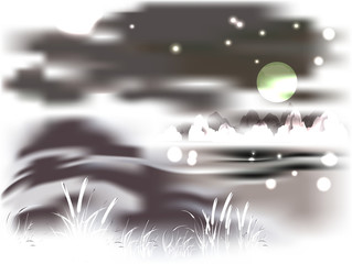 Mountains and lake on a moonlit night