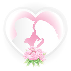 Couple in heart frame with pink roses bouquet paper art style
