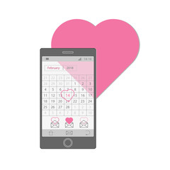 Mobile phone with February 14 calendar with red heart