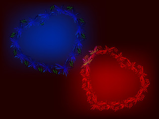 Blue and red hearts on a dark base. EPS10 vector illustration