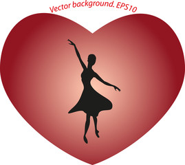 Dancing ballerina in a big red heart in the form of a silhouette.Eps10