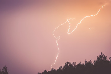 a lightning bolt in the sky above the silhouette of the forest.