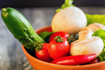 Vegetables, eggs and mushrooms. Rustic food