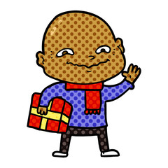 cartoon nervous man with xmas present