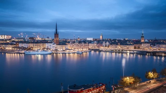 Stockholm skyline day to night time-lapse during twilight, Sweden